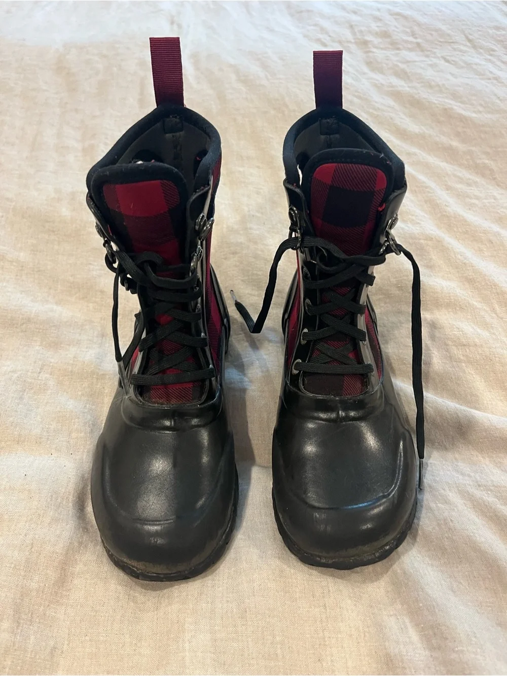 Bogs Black and Red Buffalo Plaid Lace-Up Waterproof Boots